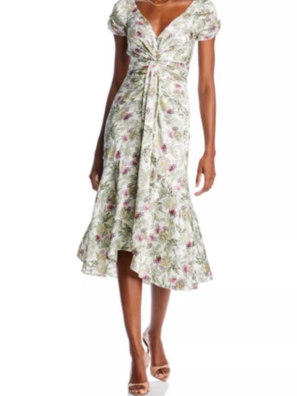 cinq a sept Cream Floral Tie-Front Midi Dress with Pink Blossoms